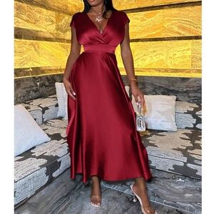 Plunging Neck Floor Length Satin Cami Party Dress